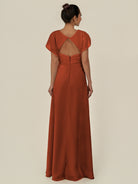 KissDress-Aven Spice A Line Chiffon Cap Sleeves V Neck Pleated Long Bridesmaid Dress with Slit