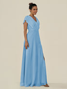 KissDress-Aven Steel Blue A Line Chiffon Cap Sleeves V Neck Pleated Long Bridesmaid Dress with Slit