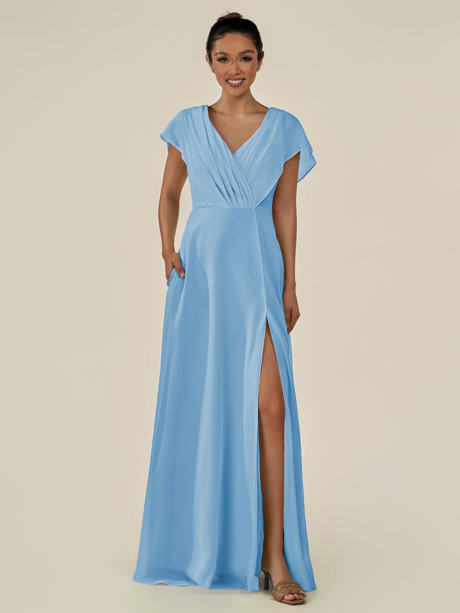 KissDress-Aven Steel Blue A Line Chiffon Cap Sleeves V Neck Pleated Long Bridesmaid Dress with Slit