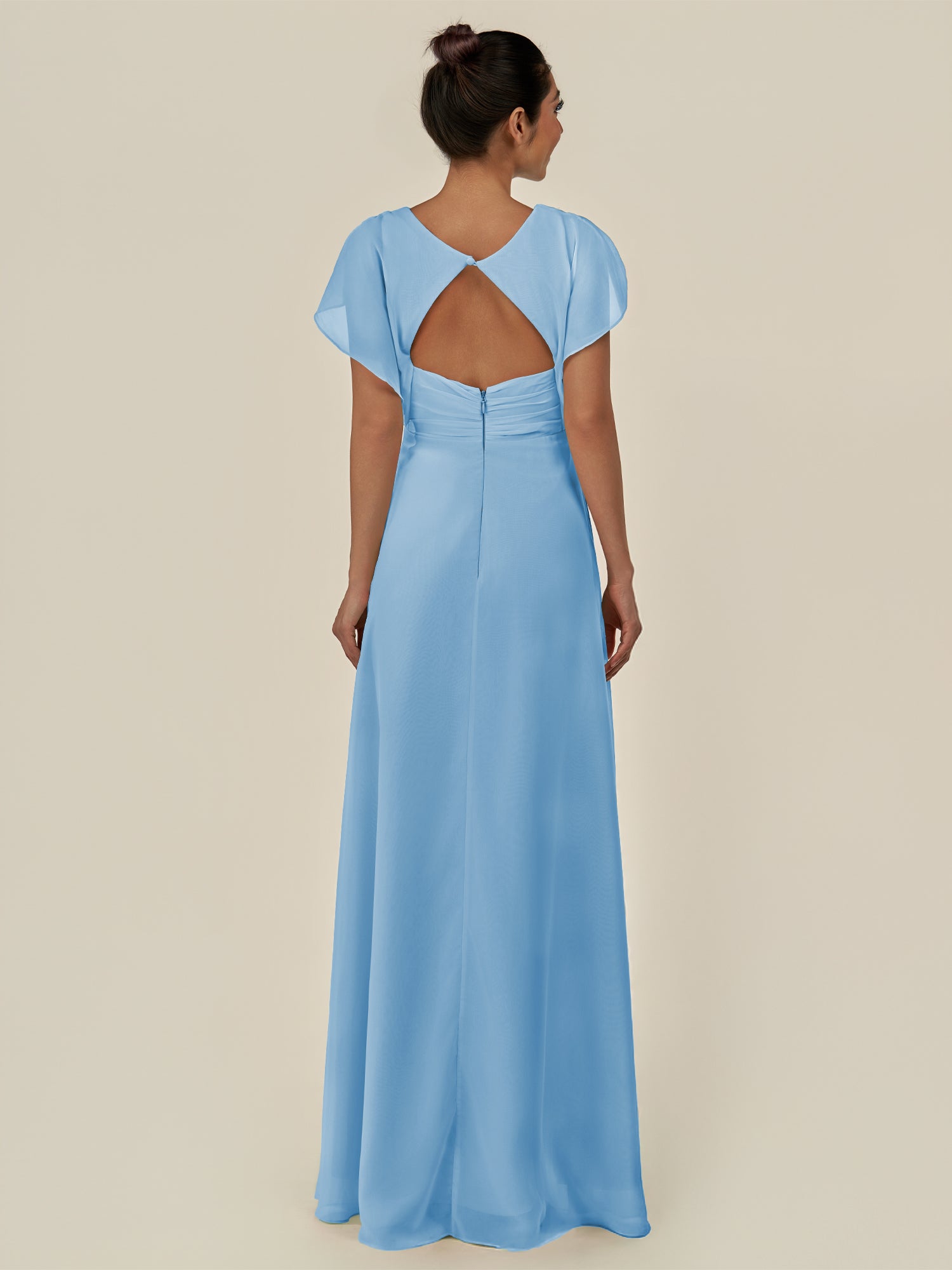 KissDress-Aven Steel Blue A Line Chiffon Cap Sleeves V Neck Pleated Long Bridesmaid Dress with Slit