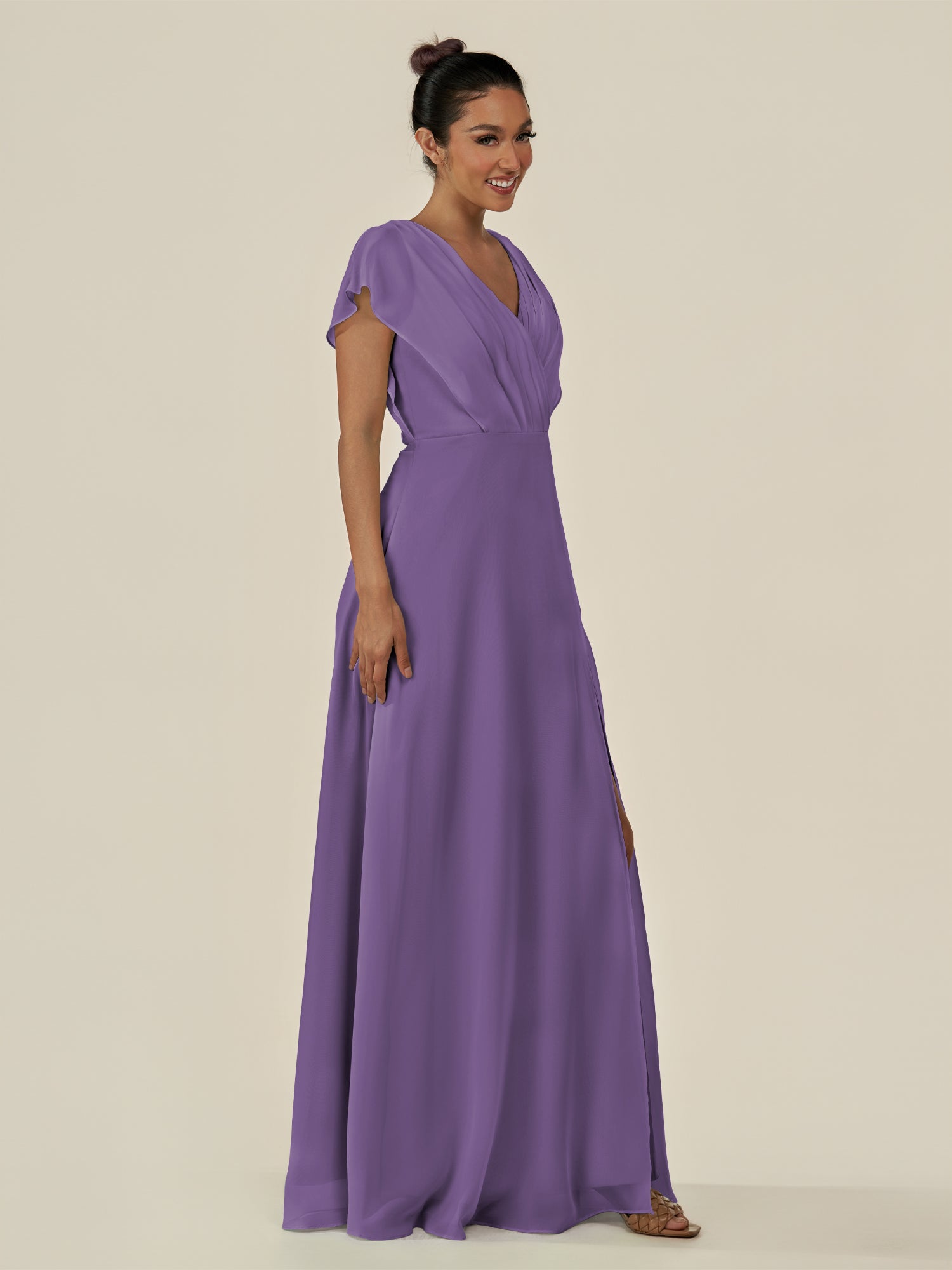 KissDress-Aven Tahiti A Line Chiffon Cap Sleeves V Neck Pleated Long Bridesmaid Dress with Slit