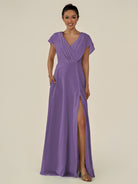KissDress-Aven Tahiti A Line Chiffon Cap Sleeves V Neck Pleated Long Bridesmaid Dress with Slit