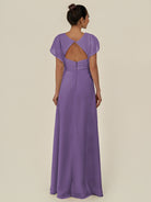 KissDress-Aven Tahiti A Line Chiffon Cap Sleeves V Neck Pleated Long Bridesmaid Dress with Slit