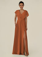 KissDress-Aven Terracotta A Line Chiffon Cap Sleeves V Neck Pleated Long Bridesmaid Dress with Slit
