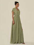 KissDress-Aven Thyme A Line Chiffon Cap Sleeves V Neck Pleated Long Bridesmaid Dress with Slit