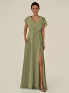 KissDress-Aven Thyme A Line Chiffon Cap Sleeves V Neck Pleated Long Bridesmaid Dress with Slit