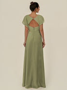 KissDress-Aven Thyme A Line Chiffon Cap Sleeves V Neck Pleated Long Bridesmaid Dress with Slit