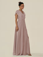 KissDress-Aven Toffee A Line Chiffon Cap Sleeves V Neck Pleated Long Bridesmaid Dress with Slit