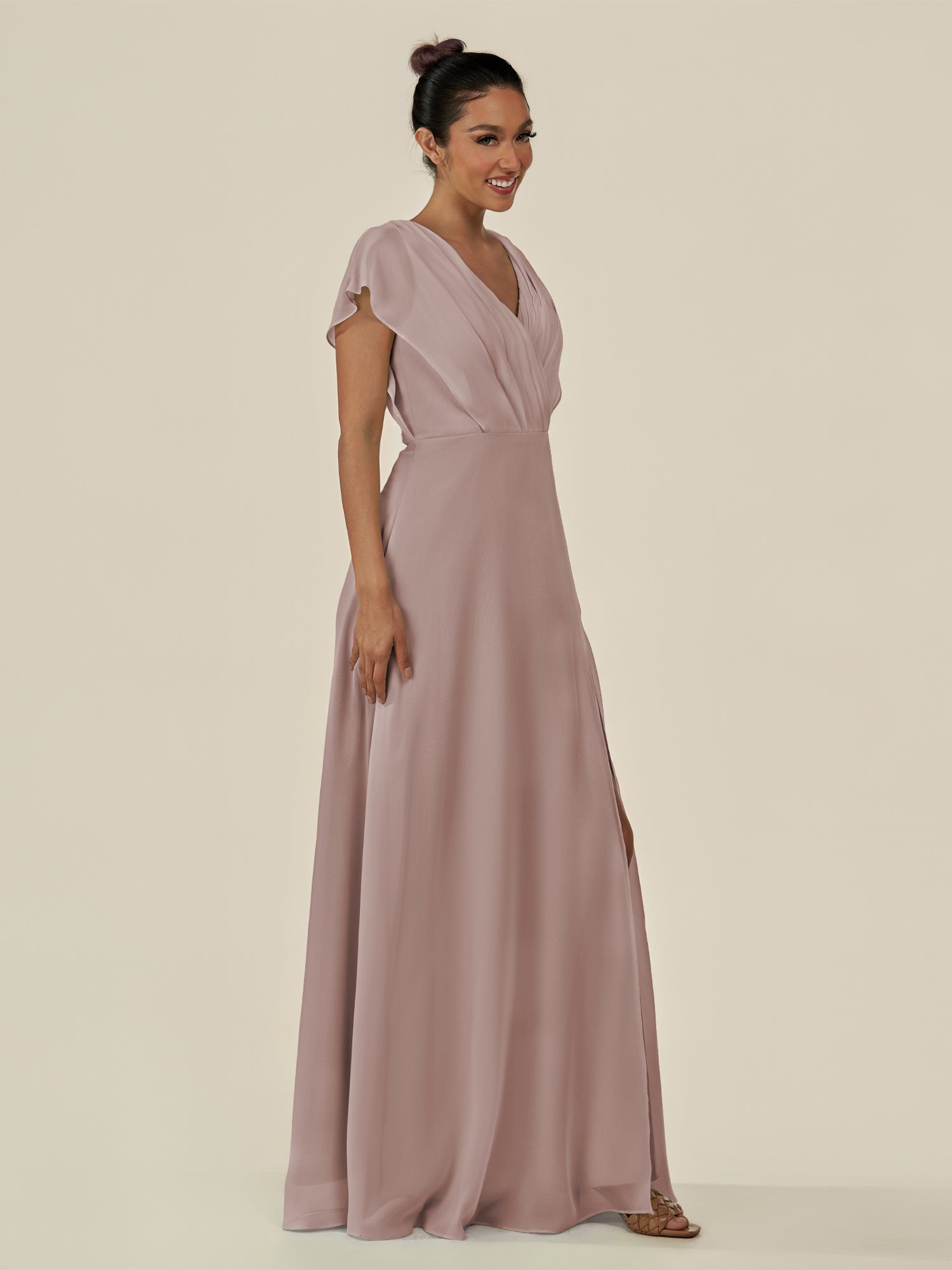 KissDress-Aven Toffee A Line Chiffon Cap Sleeves V Neck Pleated Long Bridesmaid Dress with Slit