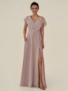 KissDress-Aven Toffee A Line Chiffon Cap Sleeves V Neck Pleated Long Bridesmaid Dress with Slit