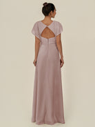 KissDress-Aven Toffee A Line Chiffon Cap Sleeves V Neck Pleated Long Bridesmaid Dress with Slit