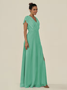 KissDress-Aven Turquoise A Line Chiffon Cap Sleeves V Neck Pleated Long Bridesmaid Dress with Slit