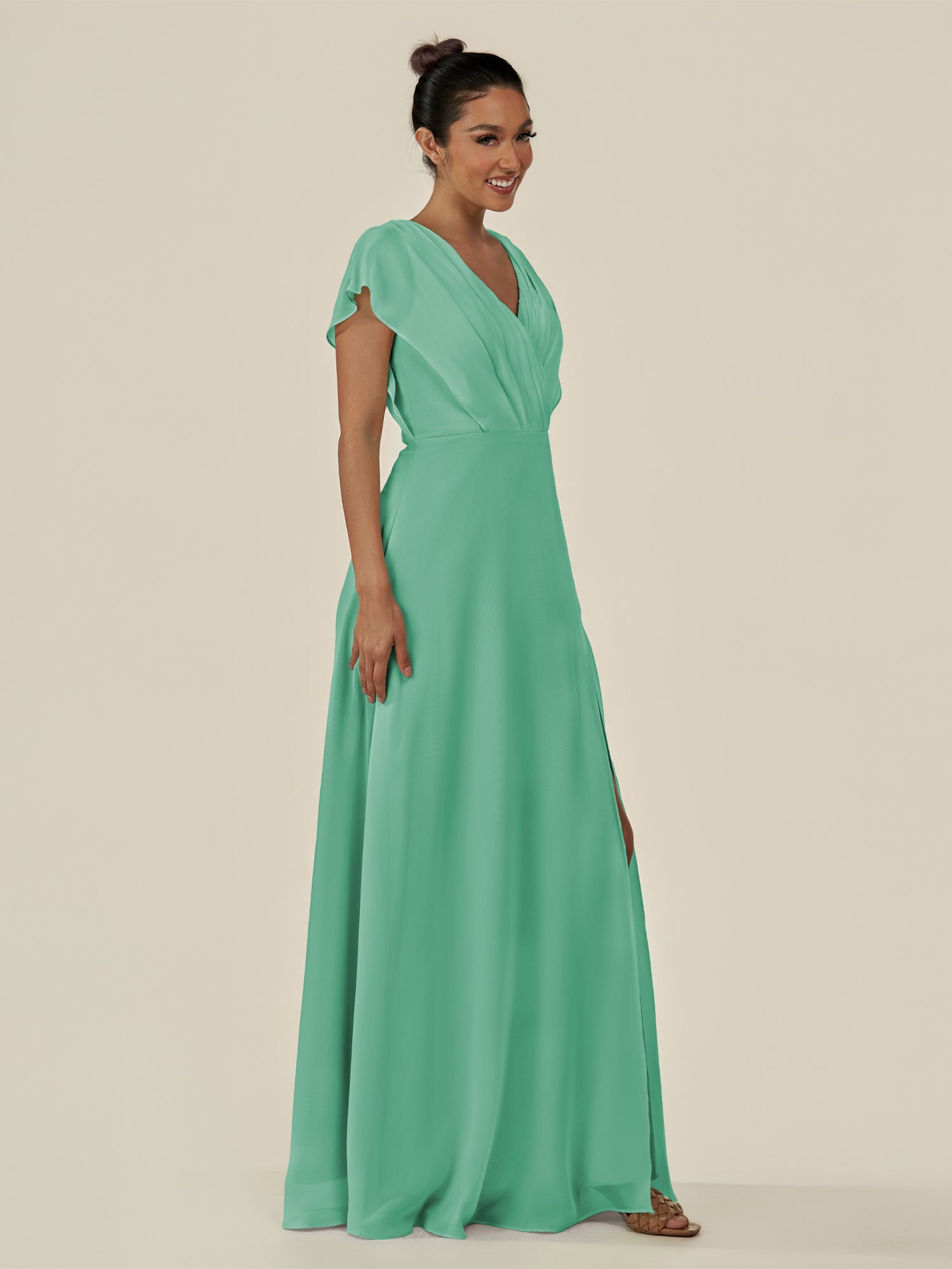 KissDress-Aven Turquoise A Line Chiffon Cap Sleeves V Neck Pleated Long Bridesmaid Dress with Slit