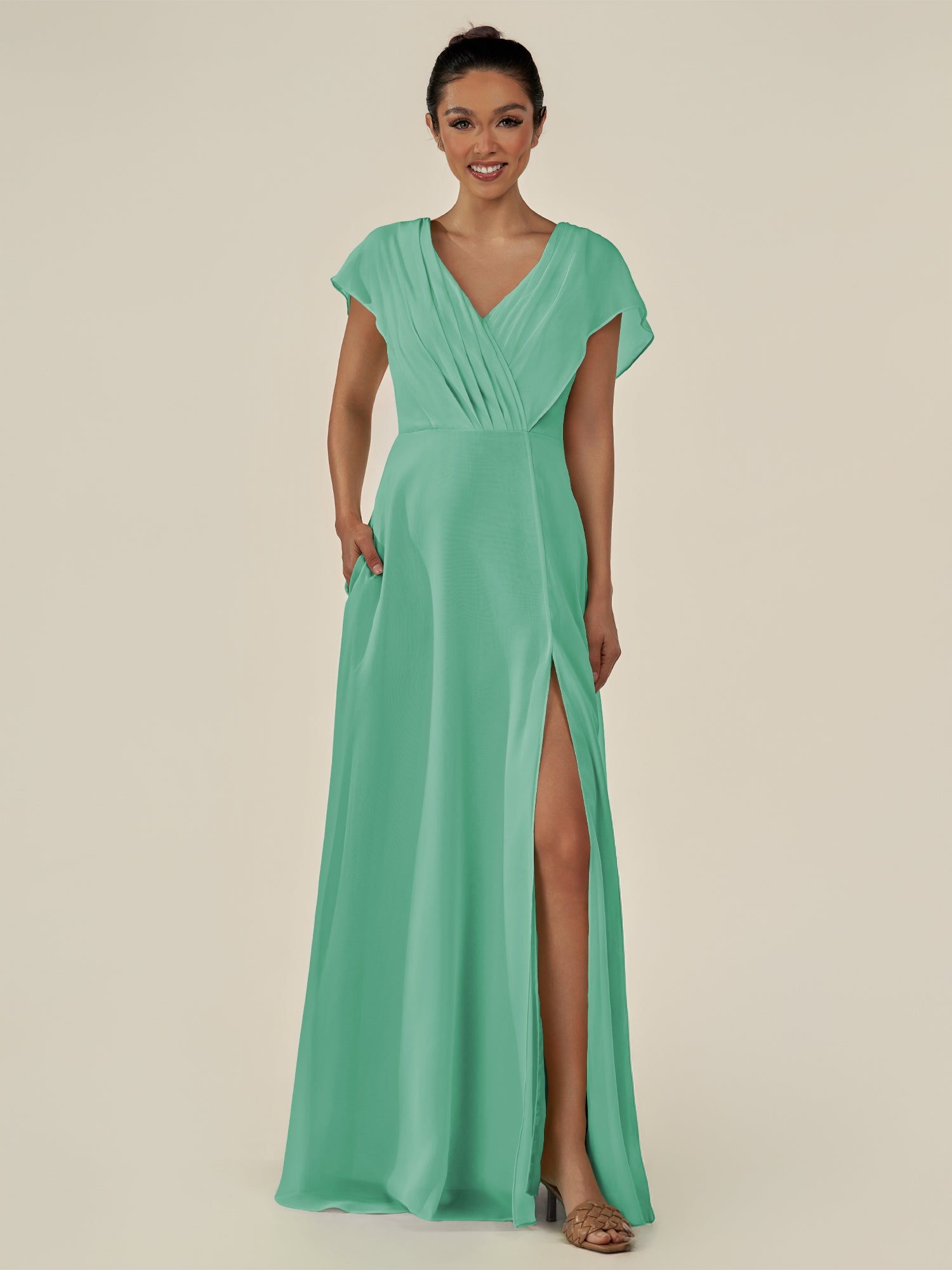 KissDress-Aven Turquoise A Line Chiffon Cap Sleeves V Neck Pleated Long Bridesmaid Dress with Slit