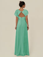 KissDress-Aven Turquoise A Line Chiffon Cap Sleeves V Neck Pleated Long Bridesmaid Dress with Slit