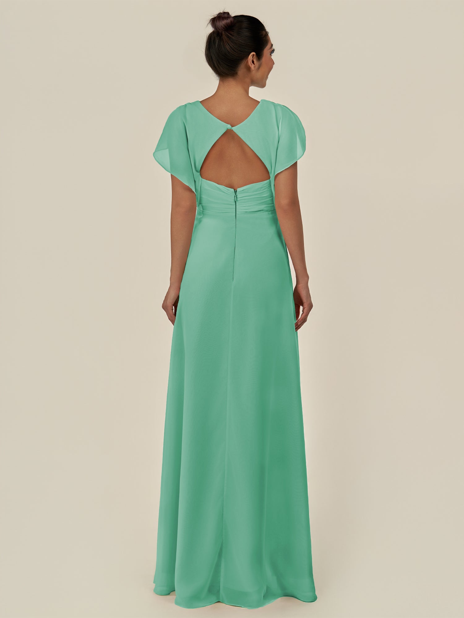 KissDress-Aven Turquoise A Line Chiffon Cap Sleeves V Neck Pleated Long Bridesmaid Dress with Slit