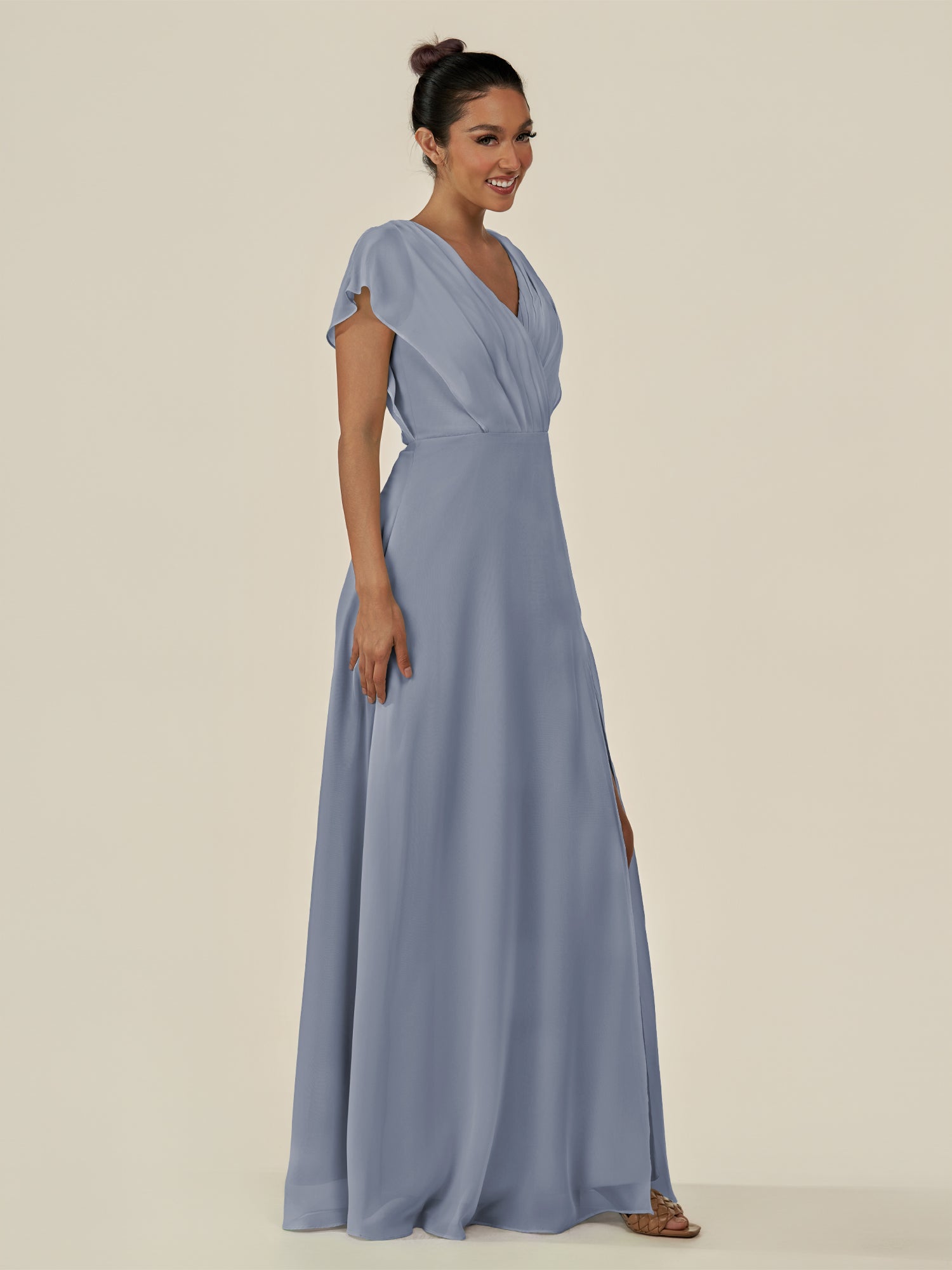 KissDress-Aven Twilight A Line Chiffon Cap Sleeves V Neck Pleated Long Bridesmaid Dress with Slit