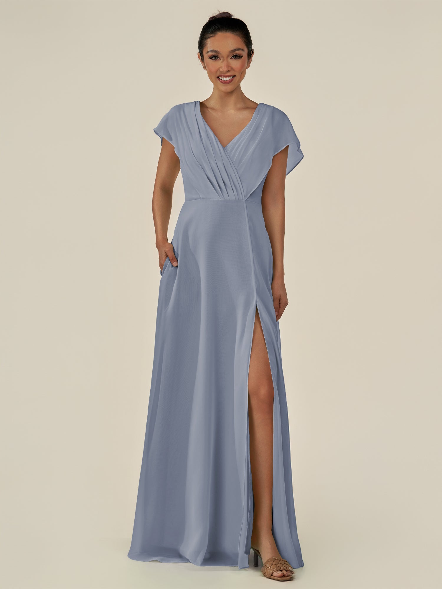 KissDress-Aven Twilight A Line Chiffon Cap Sleeves V Neck Pleated Long Bridesmaid Dress with Slit