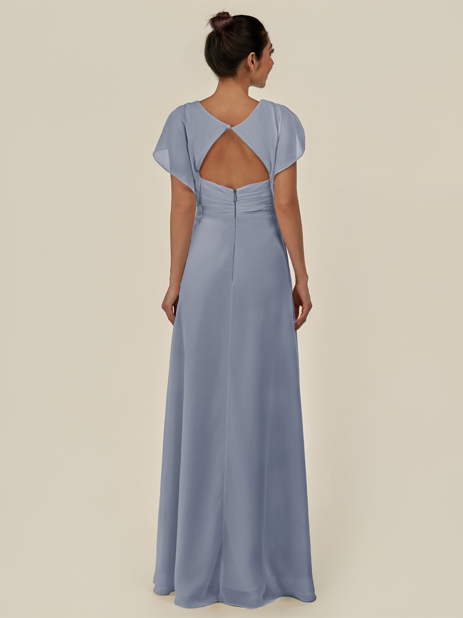 KissDress-Aven Twilight A Line Chiffon Cap Sleeves V Neck Pleated Long Bridesmaid Dress with Slit