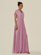 KissDress-Aven Vintage Mauve A Line Chiffon Cap Sleeves V Neck Pleated Long Bridesmaid Dress with Slit