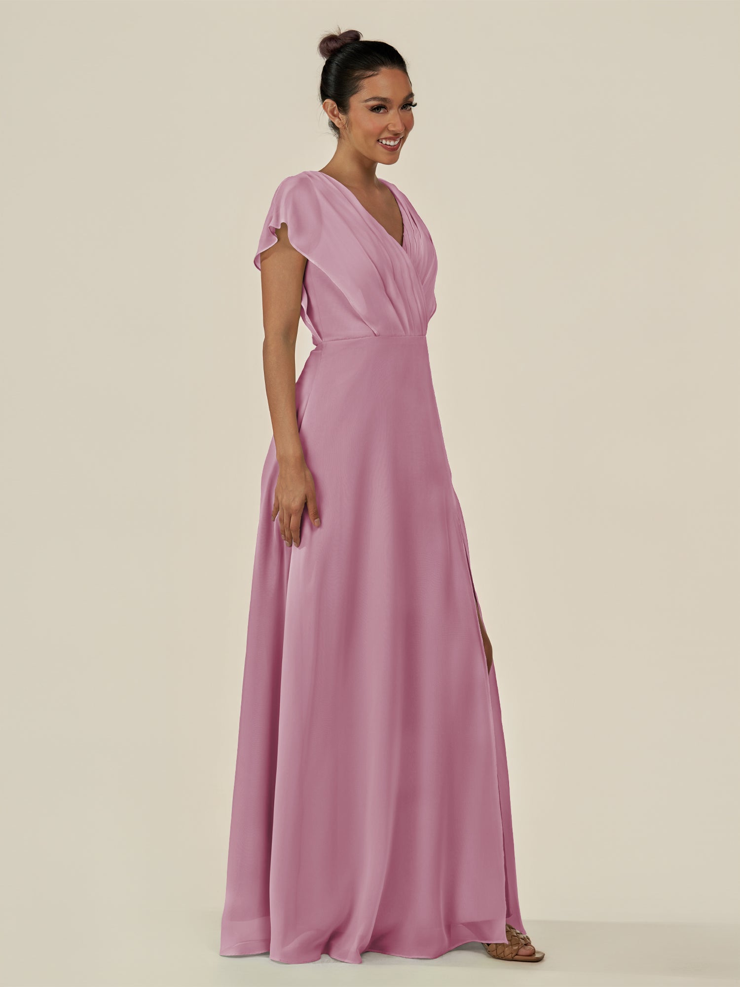 KissDress-Aven Vintage Mauve A Line Chiffon Cap Sleeves V Neck Pleated Long Bridesmaid Dress with Slit