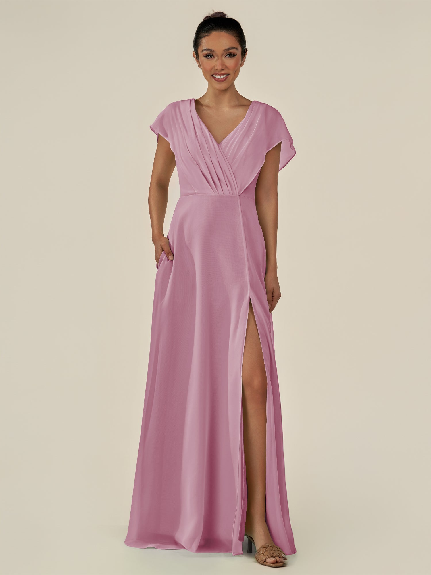 KissDress-Aven Vintage Mauve A Line Chiffon Cap Sleeves V Neck Pleated Long Bridesmaid Dress with Slit