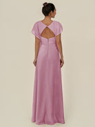 KissDress-Aven Vintage Mauve A Line Chiffon Cap Sleeves V Neck Pleated Long Bridesmaid Dress with Slit