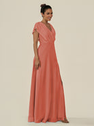KissDress-Aven Wild Rose A Line Chiffon Cap Sleeves V Neck Pleated Long Bridesmaid Dress with Slit