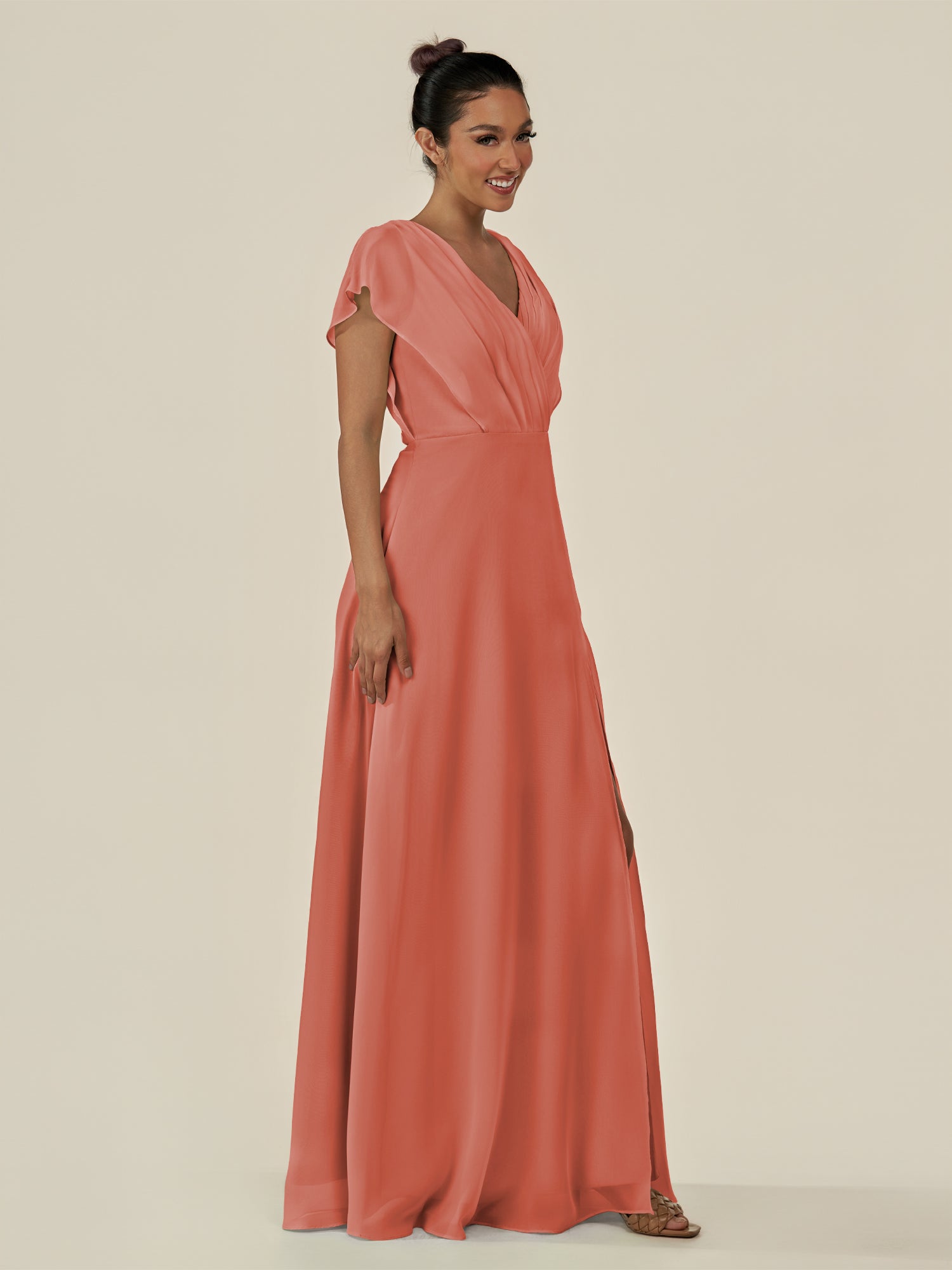 KissDress-Aven Wild Rose A Line Chiffon Cap Sleeves V Neck Pleated Long Bridesmaid Dress with Slit