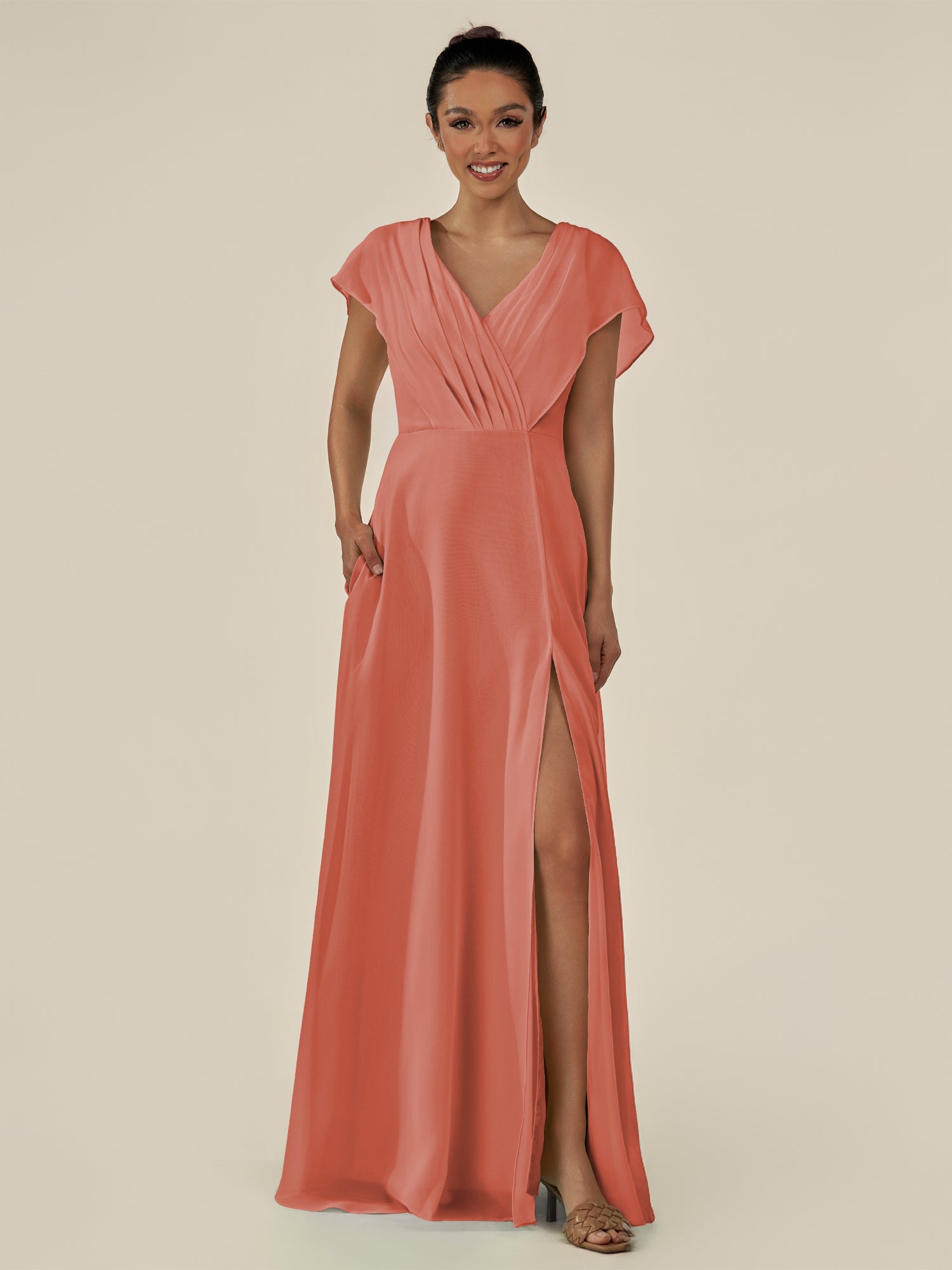 KissDress-Aven Wild Rose A Line Chiffon Cap Sleeves V Neck Pleated Long Bridesmaid Dress with Slit