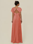 KissDress-Aven Wild Rose A Line Chiffon Cap Sleeves V Neck Pleated Long Bridesmaid Dress with Slit