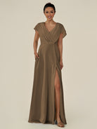 KissDress-Aven Willow Green A Line Chiffon Cap Sleeves V Neck Pleated Long Bridesmaid Dress with Slit