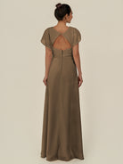 KissDress-Aven Willow Green A Line Chiffon Cap Sleeves V Neck Pleated Long Bridesmaid Dress with Slit