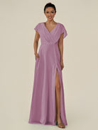 KissDress-Aven Wisteria A Line Chiffon Cap Sleeves V Neck Pleated Long Bridesmaid Dress with Slit