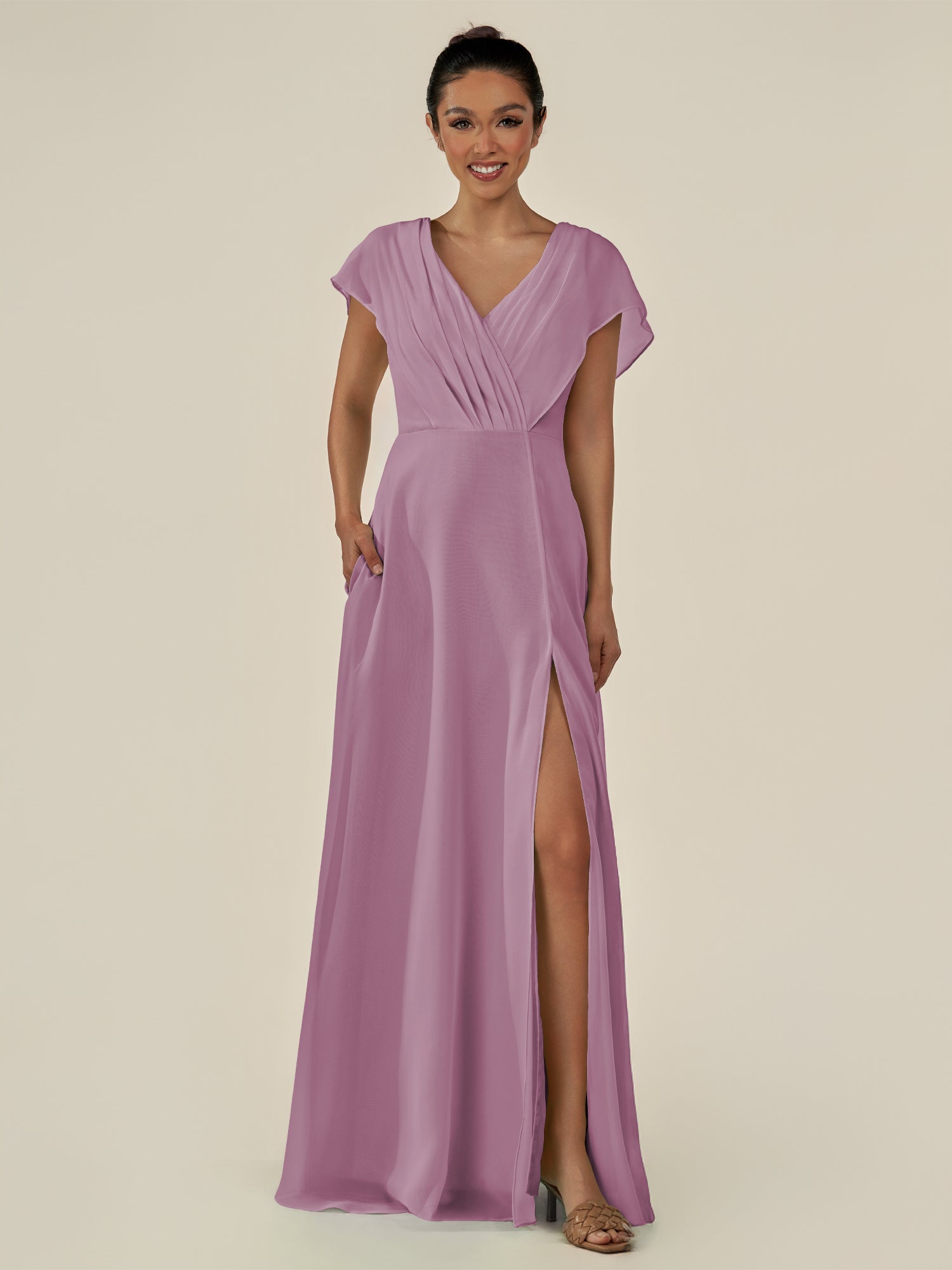 KissDress-Aven Wisteria A Line Chiffon Cap Sleeves V Neck Pleated Long Bridesmaid Dress with Slit