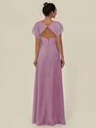 KissDress-Aven Wisteria A Line Chiffon Cap Sleeves V Neck Pleated Long Bridesmaid Dress with Slit