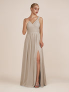 KissDress-Azura Almond A-Line V Neck Chiffon Pleated Long Bridesmaid Dress with Slit
