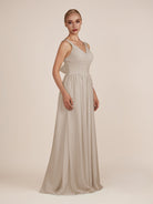 KissDress-Azura Almond A-Line V Neck Chiffon Pleated Long Bridesmaid Dress with Slit