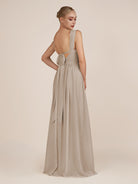 KissDress-Azura Almond A-Line V Neck Chiffon Pleated Long Bridesmaid Dress with Slit