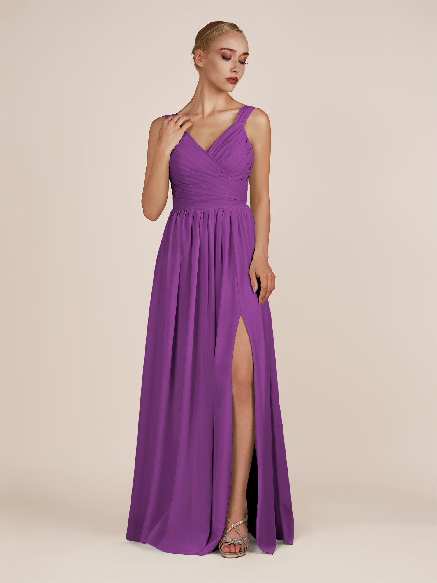KissDress-Azura Amethyst A-Line V Neck Chiffon Pleated Long Bridesmaid Dress with Slit