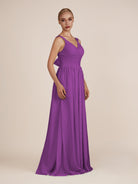 KissDress-Azura Amethyst A-Line V Neck Chiffon Pleated Long Bridesmaid Dress with Slit