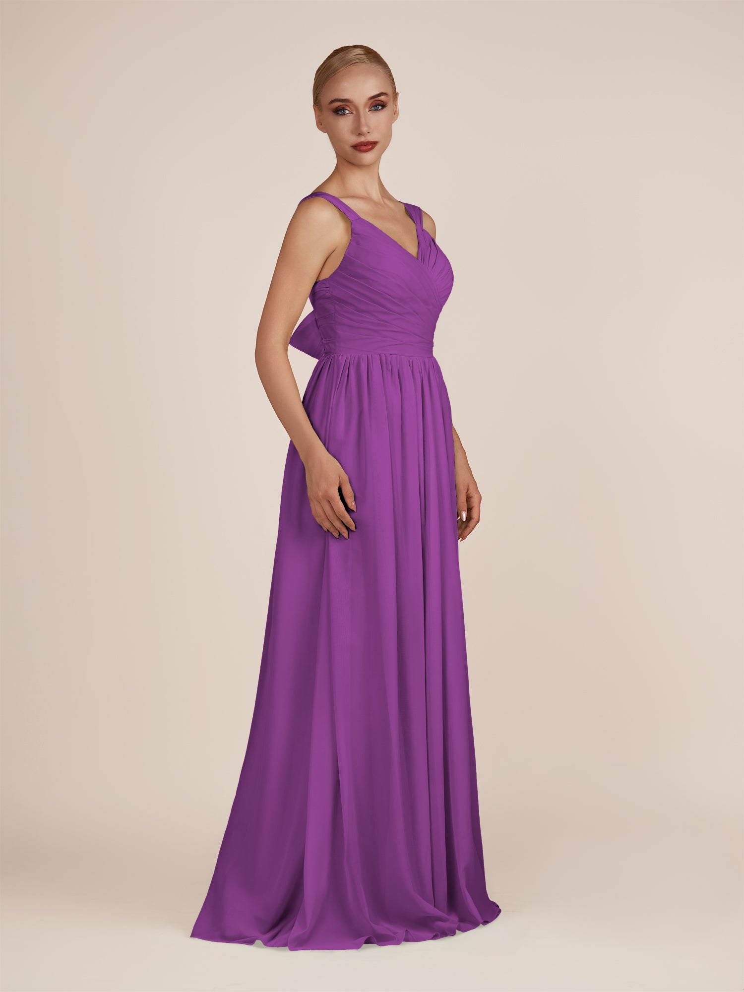 KissDress-Azura Amethyst A-Line V Neck Chiffon Pleated Long Bridesmaid Dress with Slit