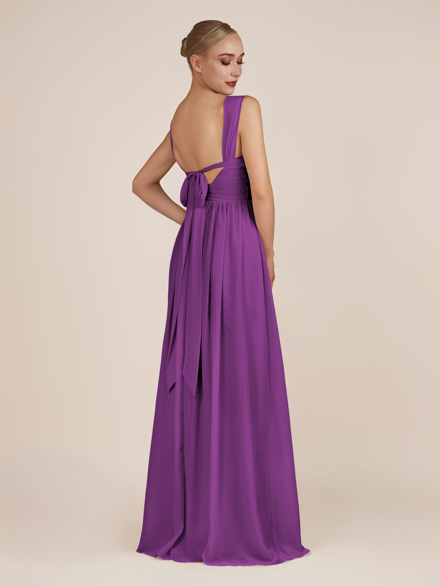 KissDress-Azura Amethyst A-Line V Neck Chiffon Pleated Long Bridesmaid Dress with Slit