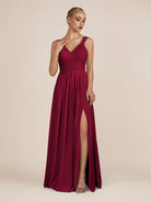 KissDress-Azura Berry A-Line V Neck Chiffon Pleated Long Bridesmaid Dress with Slit