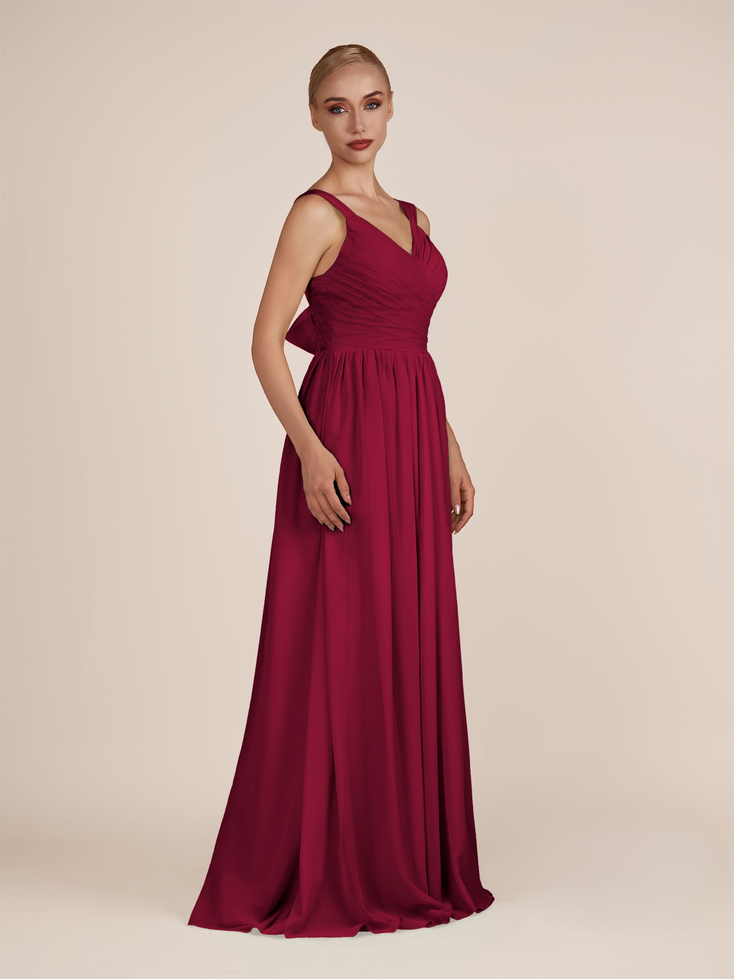 KissDress-Azura Berry A-Line V Neck Chiffon Pleated Long Bridesmaid Dress with Slit