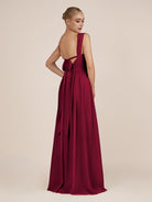 KissDress-Azura Berry A-Line V Neck Chiffon Pleated Long Bridesmaid Dress with Slit