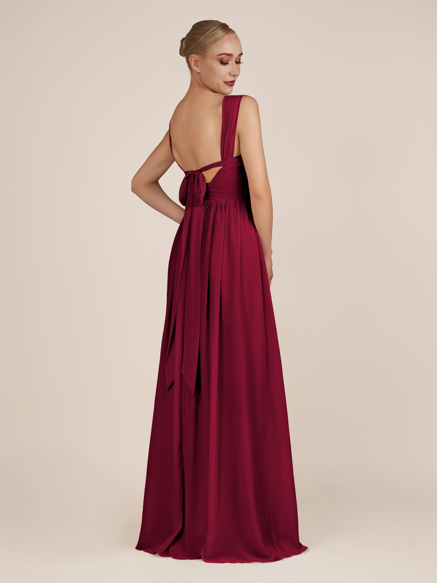 KissDress-Azura Berry A-Line V Neck Chiffon Pleated Long Bridesmaid Dress with Slit