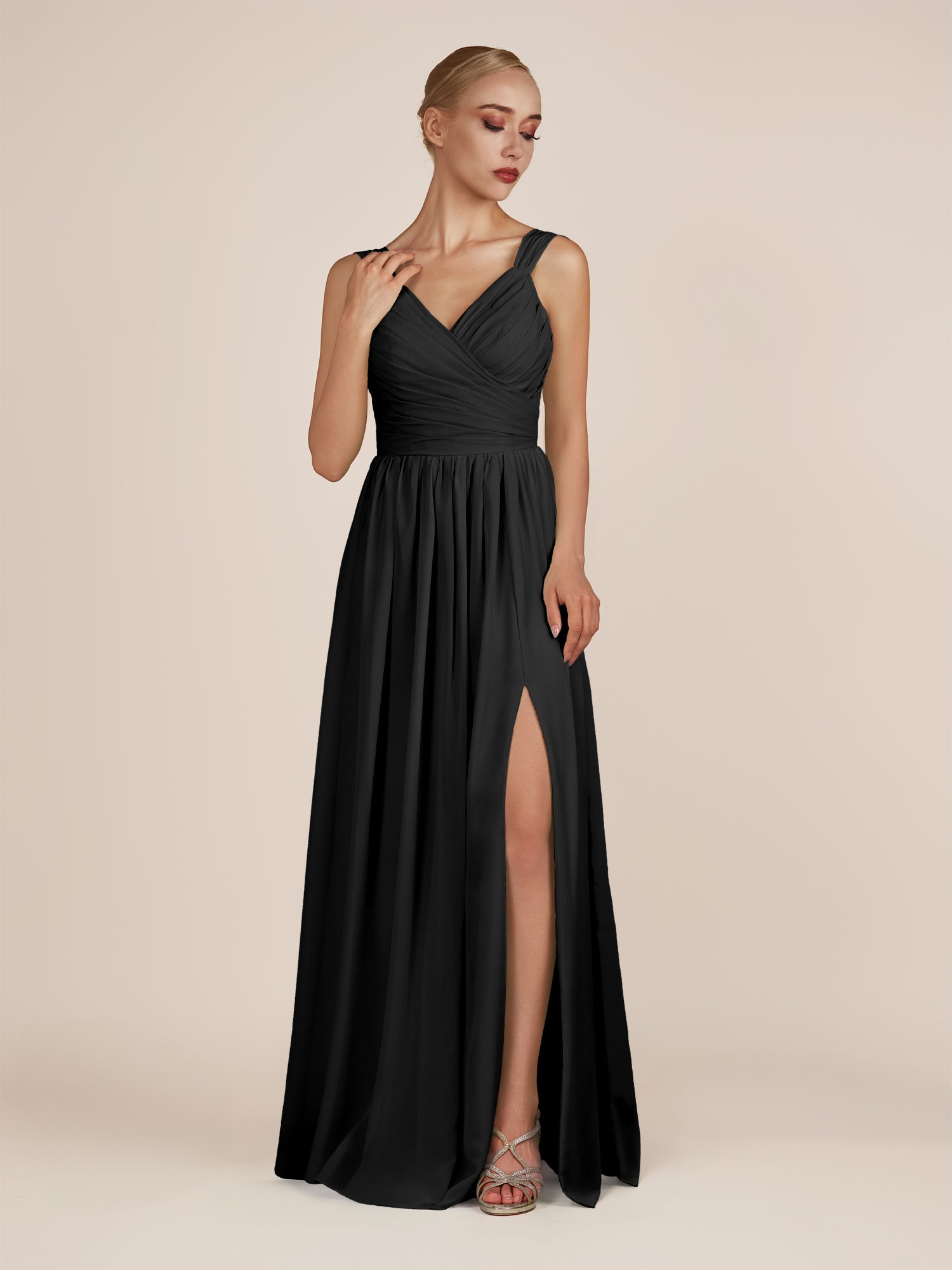 KissDress-Azura Black A-Line V Neck Chiffon Pleated Long Bridesmaid Dress with Slit