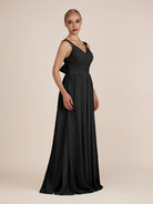 KissDress-Azura Black A-Line V Neck Chiffon Pleated Long Bridesmaid Dress with Slit