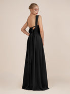 KissDress-Azura Black A-Line V Neck Chiffon Pleated Long Bridesmaid Dress with Slit